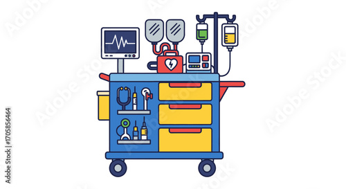 Medical Emergency Cart with Monitoring Equipment and Supplies.