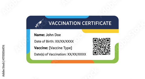 Vaccination Certificate Card with Placeholder Information QR Code and Colorful Design Elements.