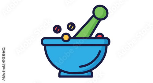 Colorful Cartoon Illustration of a Mortar and Pestle with Pills.