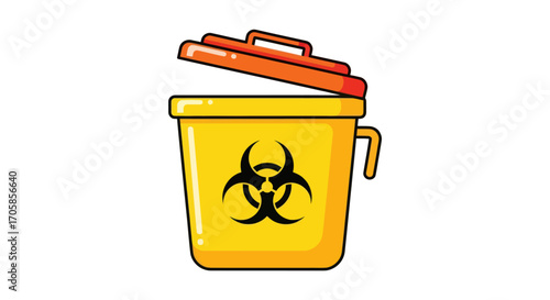 Yellow biohazard waste disposal bin with an open orange lid and handle.