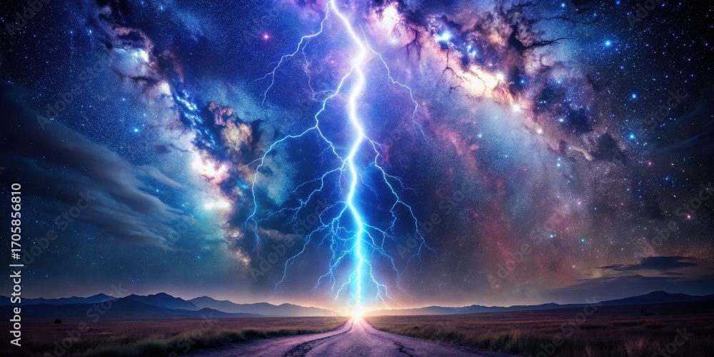 Fototapeta premium A Celestial Bolt of Lightning Strikes a Desolate Road Under a Star-Filled Night Sky