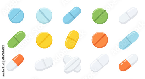 A colorful collection of various medical pills tablets and capsules in a flat vector illustration style.
