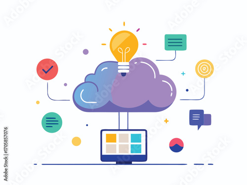Cloud brainstorming idea generation with digital connections and technology symbols