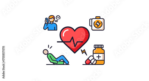Heart Attack Awareness Infographic with First Aid Icons.