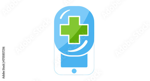 Digital healthcare concept icon featuring a green medical plus sign on a blue smartphone screen.