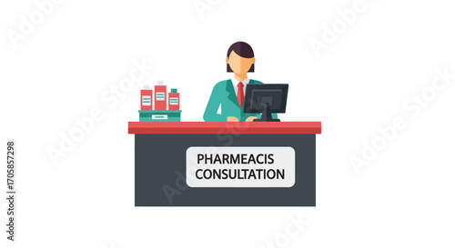 Cartoon Pharmacist at Consultation Desk with Computer and Medications.