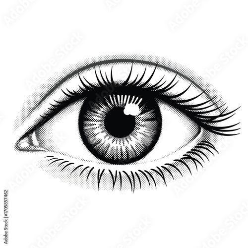 A detailed black and white illustration of a human eye with long eyelashes rendered in a vintage halftone engraving style.