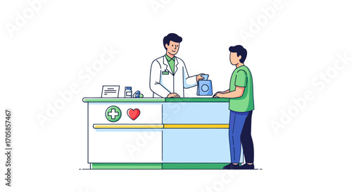 Male pharmacist in a white lab coat dispensing medication to a patient at a pharmacy counter illustration.