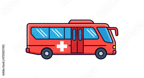 Red Medical Bus with White Cross Symbol for Emergency Services.