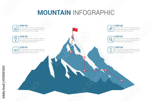 mountain infographic step success, business challenges conquering the mountains, mountain progression path, mountain climbing path with red flag on top illustration