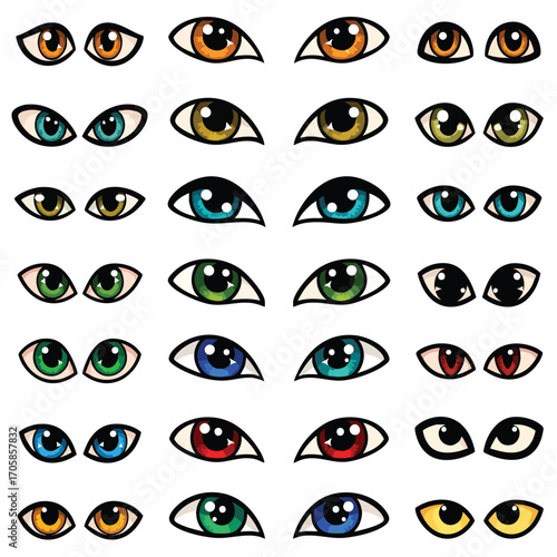 A diverse collection of colorful cartoon eyes with various shapes styles and expressions.