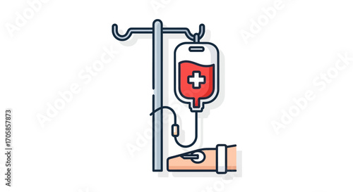 Medical IV Drip Bag with Red Fluid and Arm Illustration.