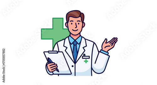 Friendly Male Doctor in White Coat Holding Clipboard and Pen.