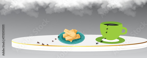 А cup of hot green tea with a slice of lemon, next to a saucer is a jam of red and yellow cherries, on a white background