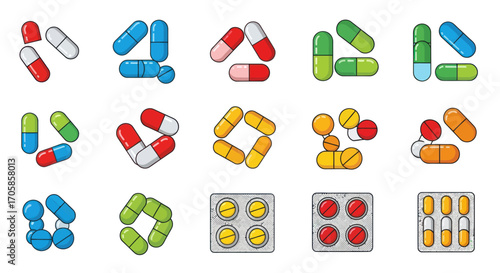 A colorful collection of cartoon pills capsules and tablets in various shapes and blister packs.