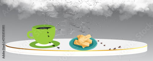 А cup of hot green tea with a slice of lemon, next to a saucer is a jam of red and yellow cherries, on a white background