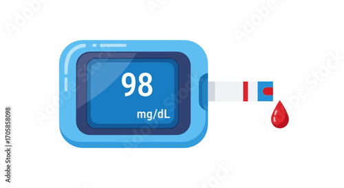 Blood Glucose Meter Displaying a Reading with Test Strip and Blood Droplet.
