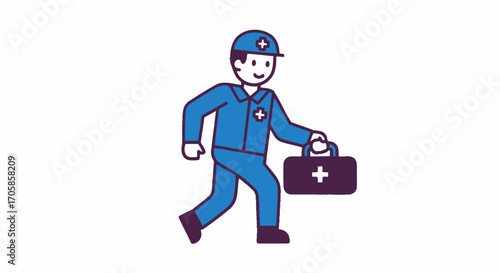 Cartoon paramedic character in a blue uniform walking with a first aid kit.