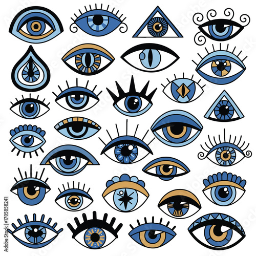 A diverse collection of handdrawn blue evil eye symbols mystical talismans and protective amulets.
