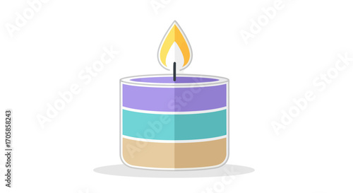 A lit multi-colored striped candle with a bright flame.