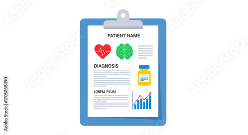 Medical Patient Chart Clipboard with Health Icons and Data.