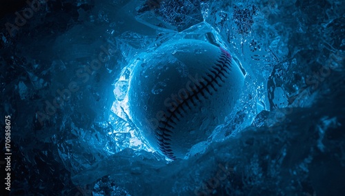 Frozen Baseball Encased in Glowing Blue Ice Crystals
