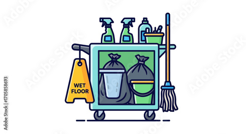 Colorful Cleaning Cart with Supplies and Safety Sign.