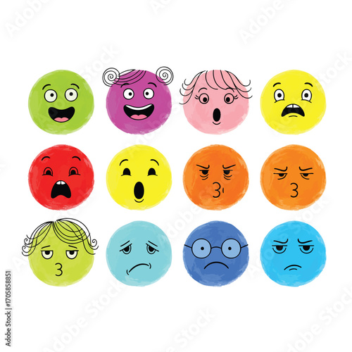 A diverse set of handdrawn emotional smiley faces and emoticons in bright vibrant colors.