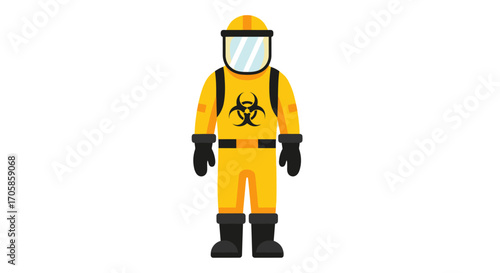 Person in Yellow Hazmat Suit with Biohazard Symbol and Black Gloves.