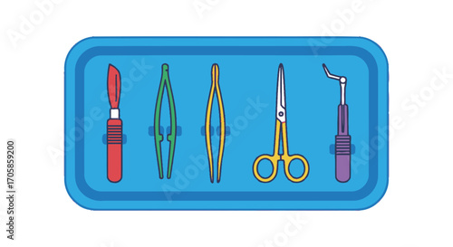 Surgical Instrument Tray with Scalpel Forceps Scissors and Retractor.