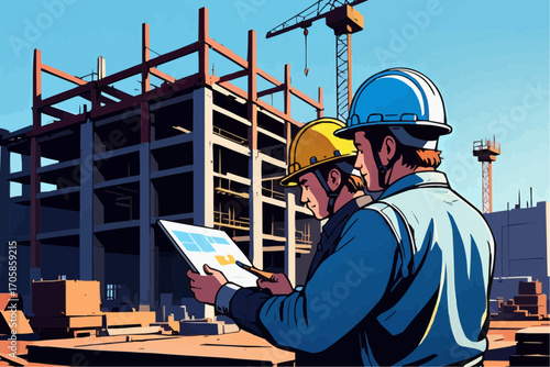 Construction workers reviewing blueprints at a building site