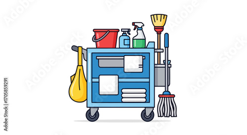 Blue Cleaning Cart with Supplies and Tools for Sanitation.