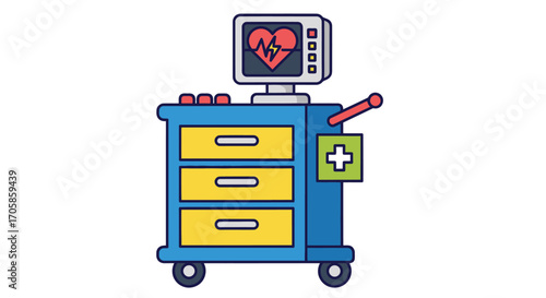 Medical emergency crash cart with a heart monitor displaying an ECG heartbeat line.