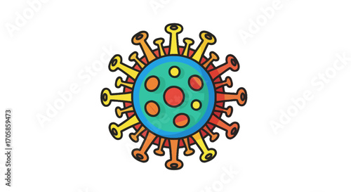 Cartoon illustration of a colorful spiky virus particle with a blue and green core.
