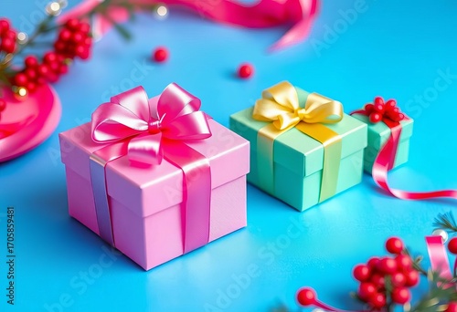 Elegant Christmas gift boxes with satin ribbons on vibrant background, satin, merry christmas
