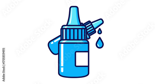 Blue Eye Drops Bottle with Dropper and Single Drop.