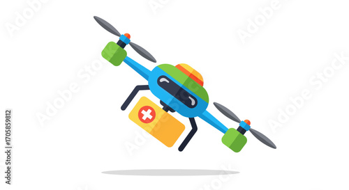 Cartoon Drone Delivering Medical Package with Red Cross Symbol.