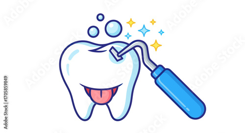 Happy cartoon tooth character getting a professional dental cleaning with a scaler tool.