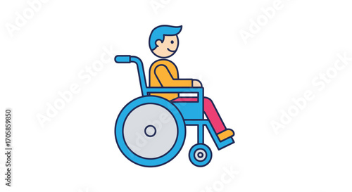 Colorful flat design illustration of a person with a disability sitting in a blue wheelchair.