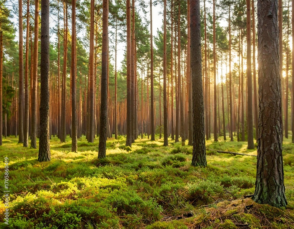 Obraz premium Sunlight streams through a dense pine forest