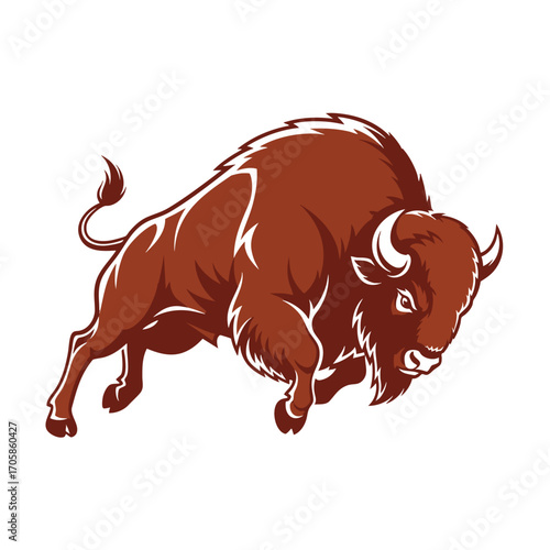 A powerful stylized illustration of a charging brown American bison or buffalo mascot.