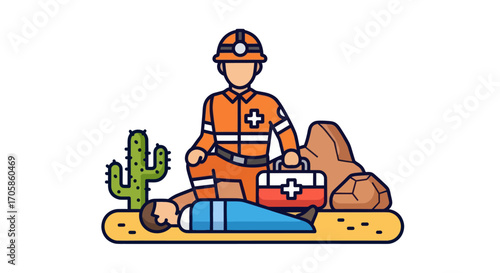 Paramedic Providing First Aid in Desert Setting.