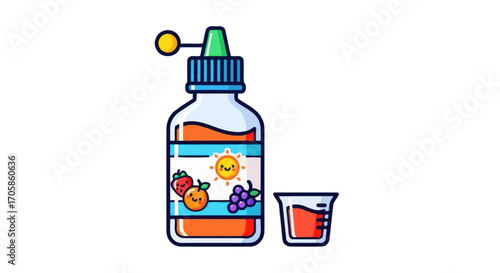 Colorful liquid medicine bottle with dropper and measuring cup.