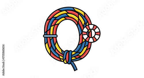 Colorful coiled rope with a life preserver detail.