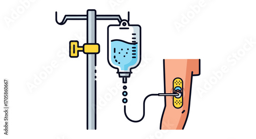 Stylized Medical IV Drip Infusion Setup with Arm and Bag.