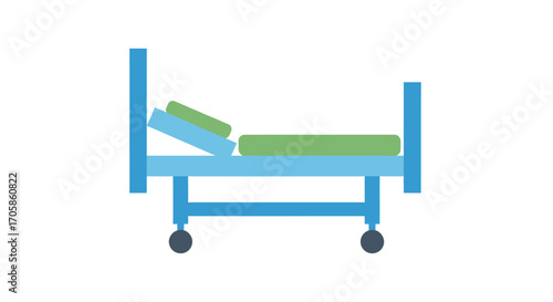 Adjustable Hospital Bed with Green Mattress and Wheels.