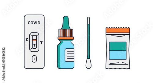 Covid-19 rapid antigen test kit with dropper bottle and swab.
