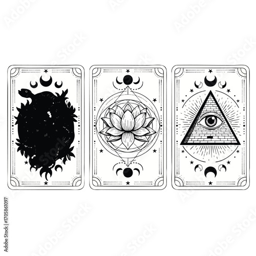 A set of three black and white mystical tarot cards with snake lotus and allseeing eye symbols.