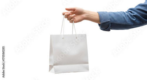 A hand extends, holding a blank, white paper shopping bag against a black background.