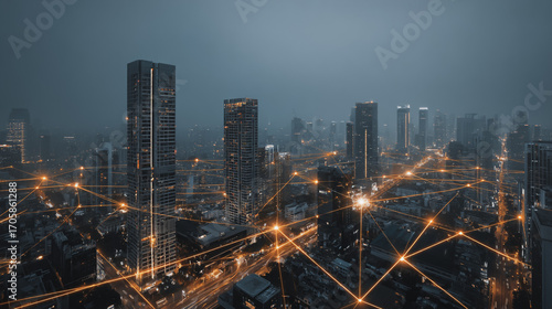 Wallpaper Mural sTwilight in the Smart digital Innovation city with connection network reciprocity over the cityscape. of future smart wireless digital city and social media networking systems that connects people Torontodigital.ca